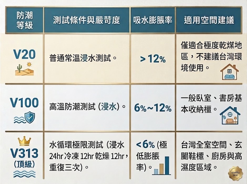 【2026系統櫃板材挑選指南】防潮等級怎麼看？E0/E1甲醛標準與 V313 板材耐用度全解析